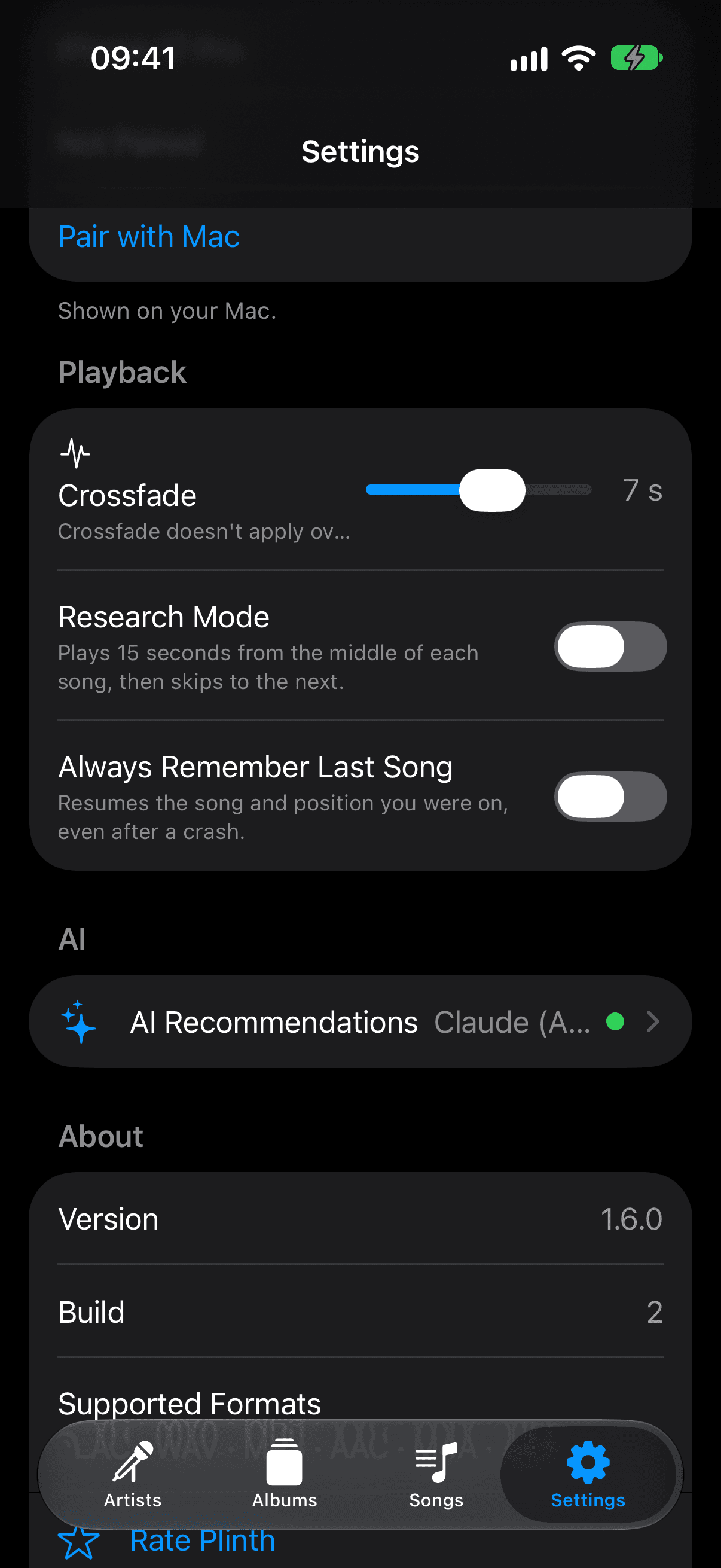 Plinth Settings showing the Crossfade duration slider