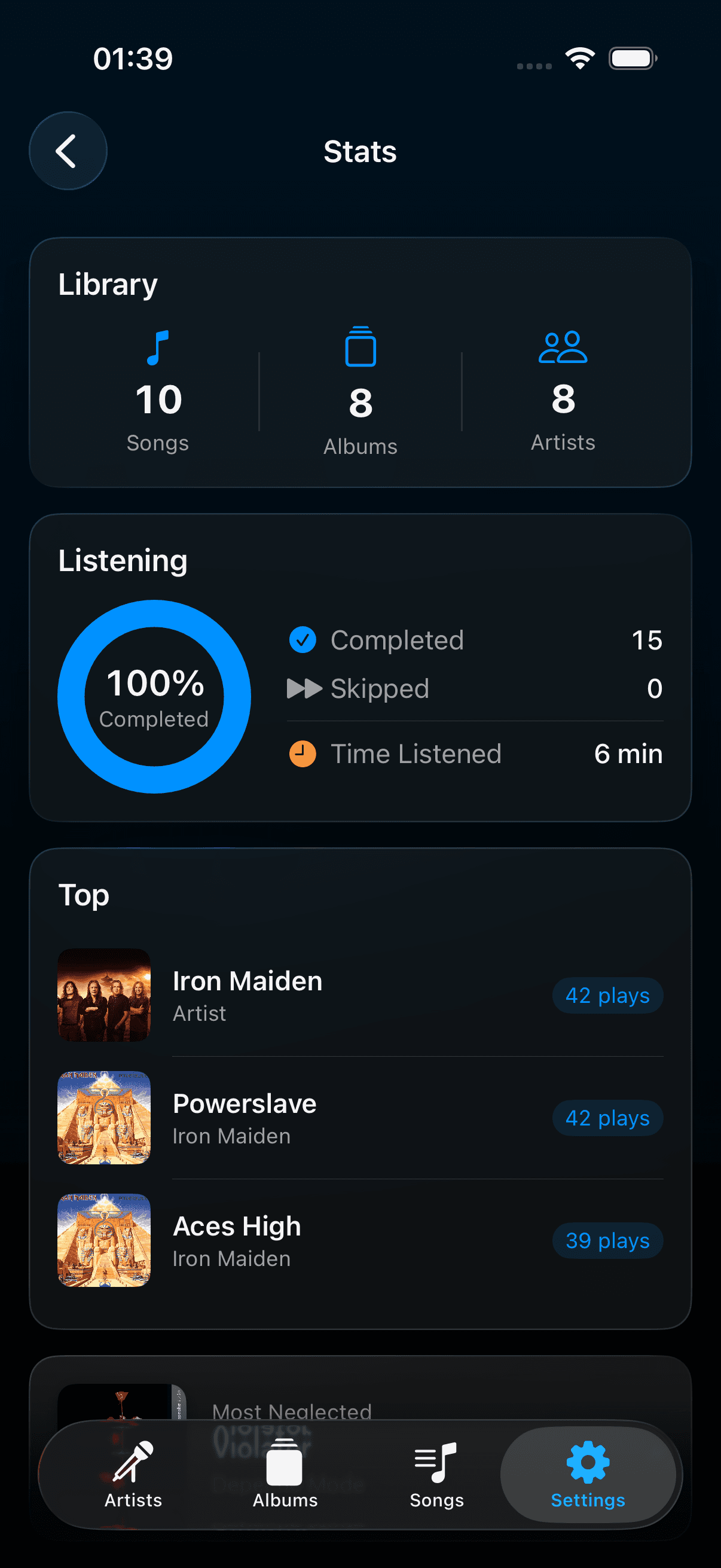 Plinth Listening Stats screen